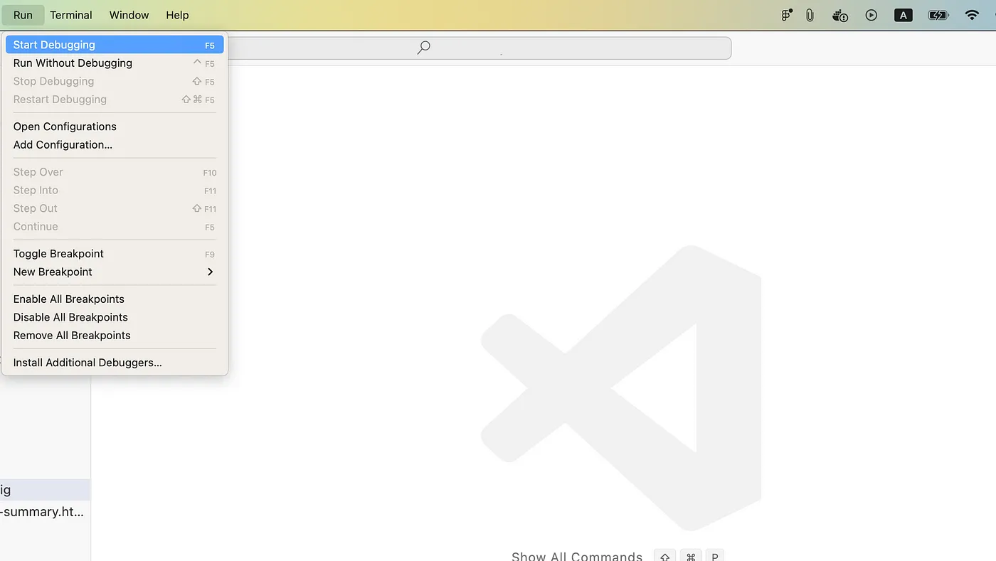 Run -> Start Debugging Menu in VSCode